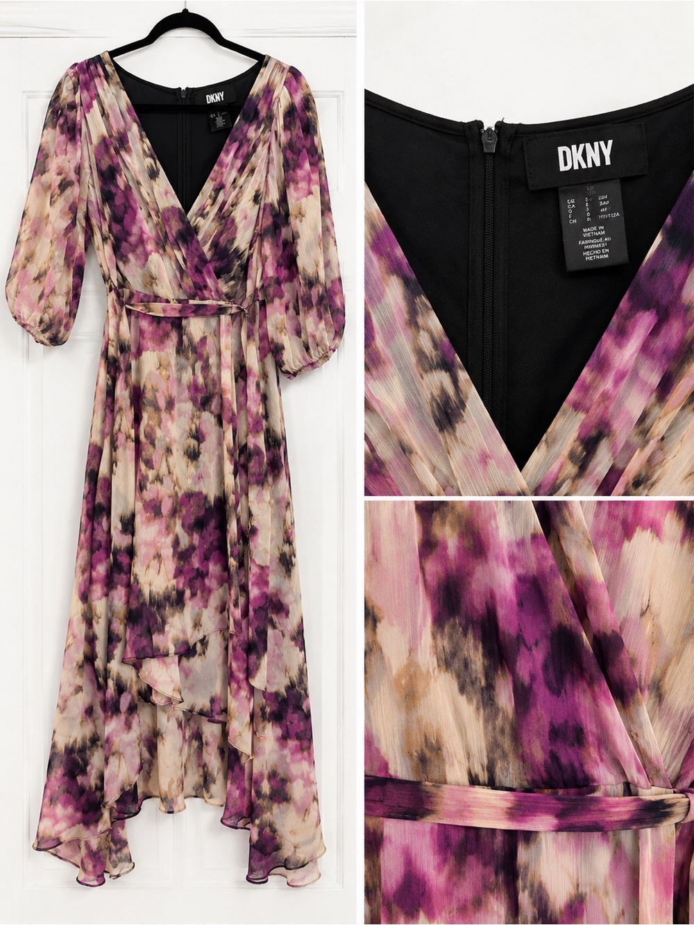 DKNY Purple and Cream Watercolor Floral High-Low Wrap Dress